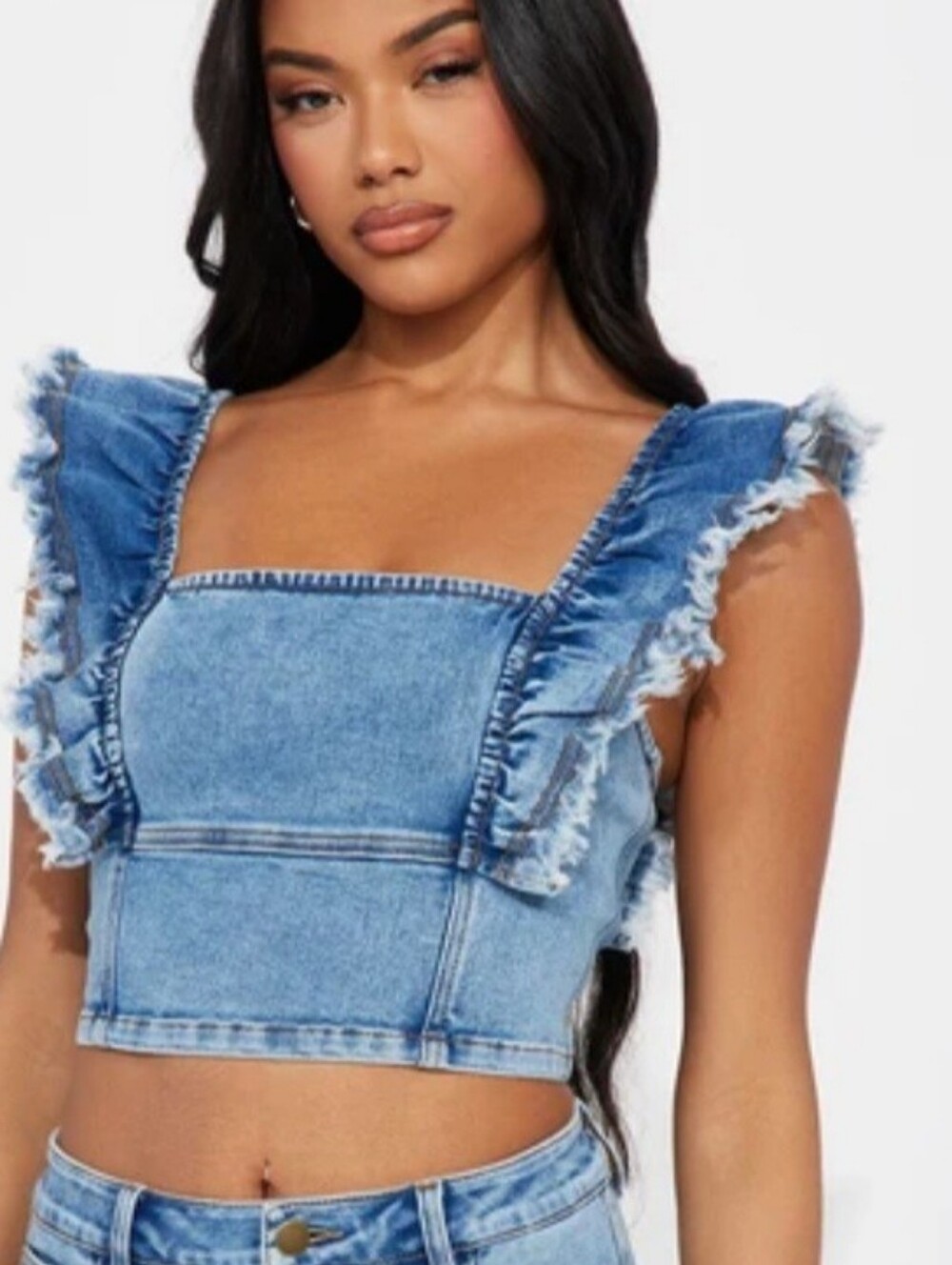 Ximena Ruffled Denim Crop Top by Fashion Nova, NWT